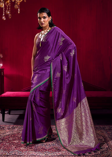 Monjolika Fashion Purple Satin Linen Handloom Weaving Silk Saree - Dista