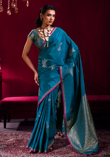 Monjolika Fashion Teal Blue Satin Linen Handloom Weaving Silk Saree - Dista