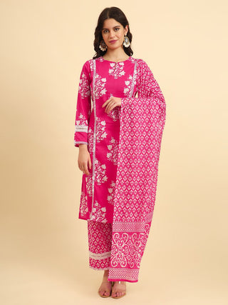 Yufta Pink Pure Cotton Floral printed Kurta With Trousers Dupatta Set - Distacart