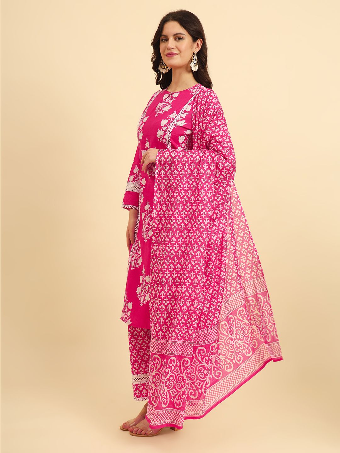Yufta Pink Pure Cotton Floral printed Kurta With Trousers Dupatta Set - Distacart