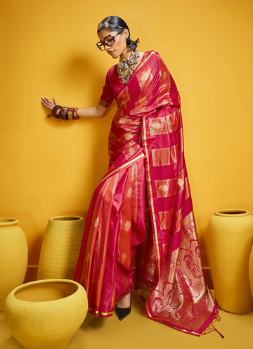 Monjolika Fashion Red Color Satin Silk Handloom Weaving Saree - Dista