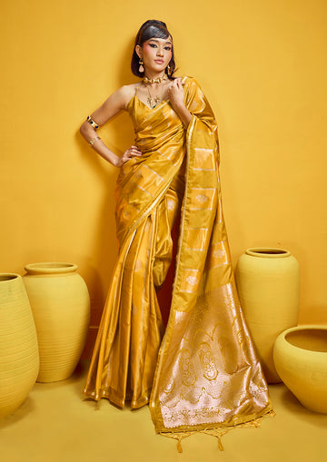 Monjolika Fashion Mustard Yellow Color Satin Silk Handloom Weaving Saree - Dista