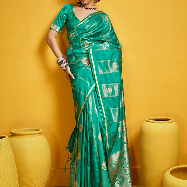 Monjolika Fashion Sea Green Color Satin Silk Handloom Weaving Saree - Dista