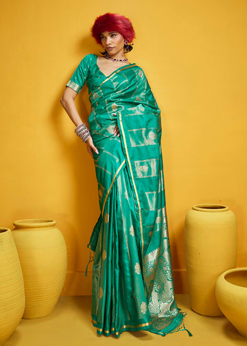 Monjolika Fashion Sea Green Color Satin Silk Handloom Weaving Saree - Dista