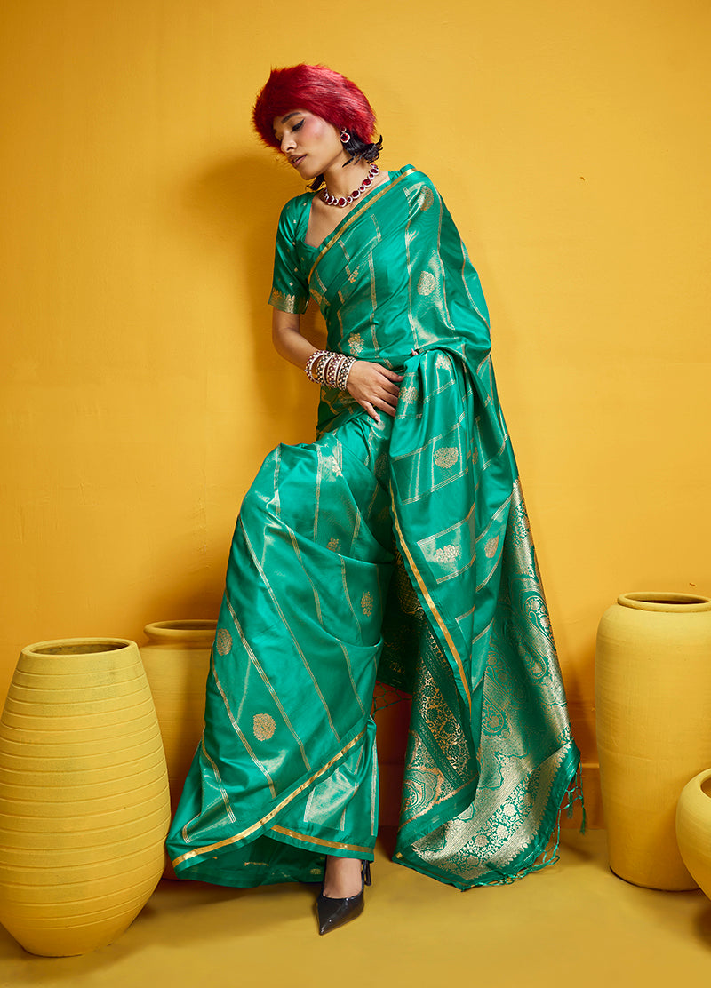 Monjolika Fashion Sea Green Color Satin Silk Handloom Weaving Saree - Dista