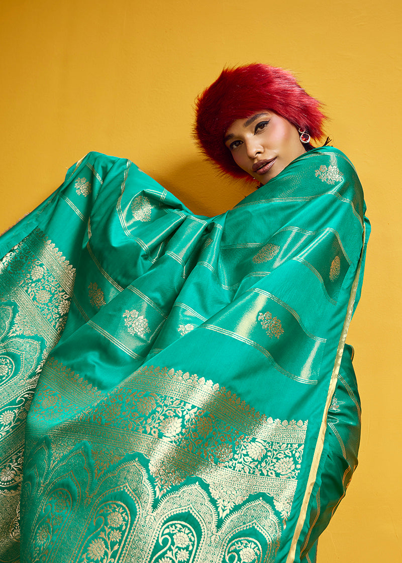 Monjolika Fashion Sea Green Color Satin Silk Handloom Weaving Saree - Dista