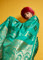 Thumbnail for Monjolika Fashion Sea Green Color Satin Silk Handloom Weaving Saree - Dista