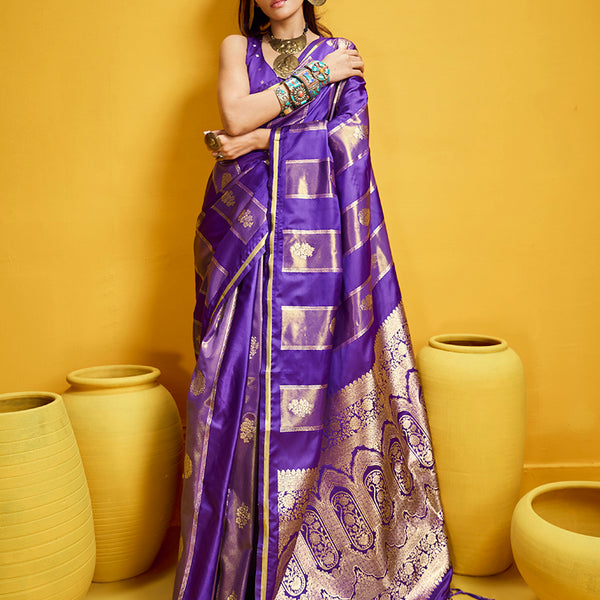 Monjolika Fashion Violet Color Satin Silk Handloom Weaving Saree - Dista