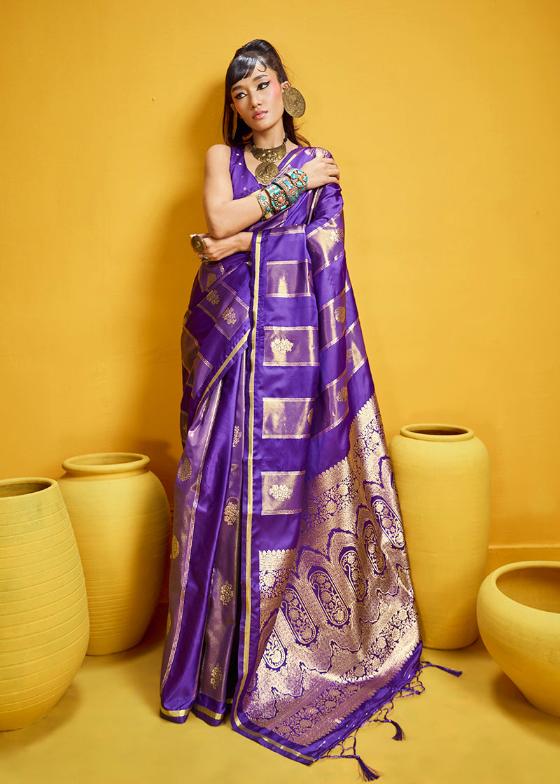 Monjolika Fashion Violet Color Satin Silk Handloom Weaving Saree - Dista