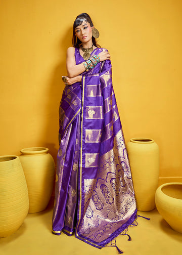 Monjolika Fashion Violet Color Satin Silk Handloom Weaving Saree - Dista