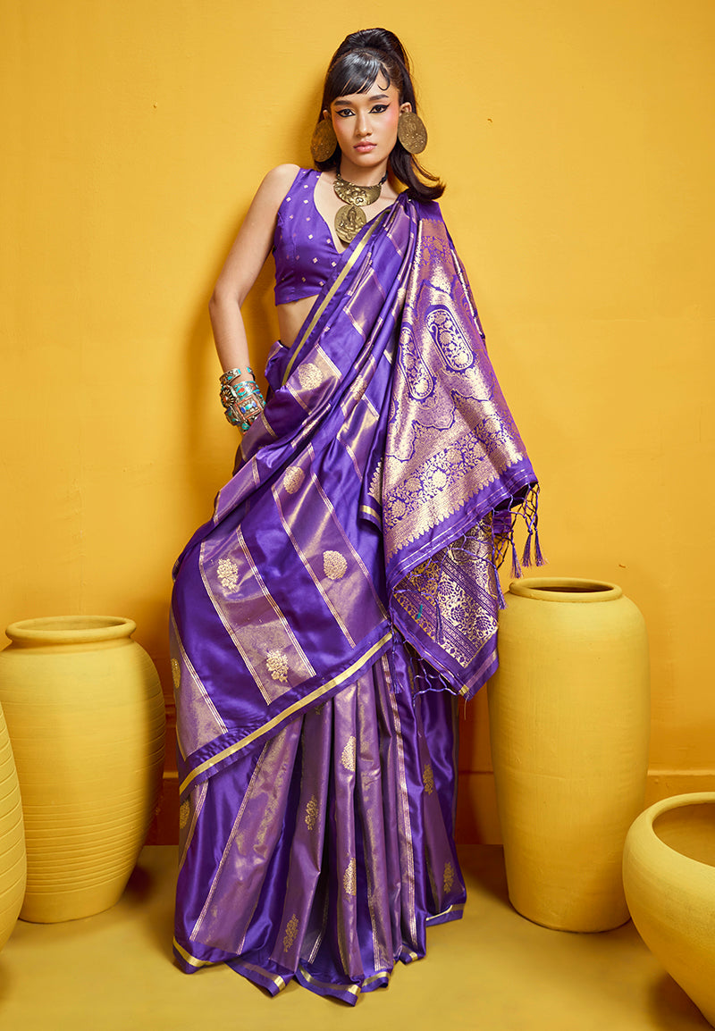 Monjolika Fashion Violet Color Satin Silk Handloom Weaving Saree - Dista