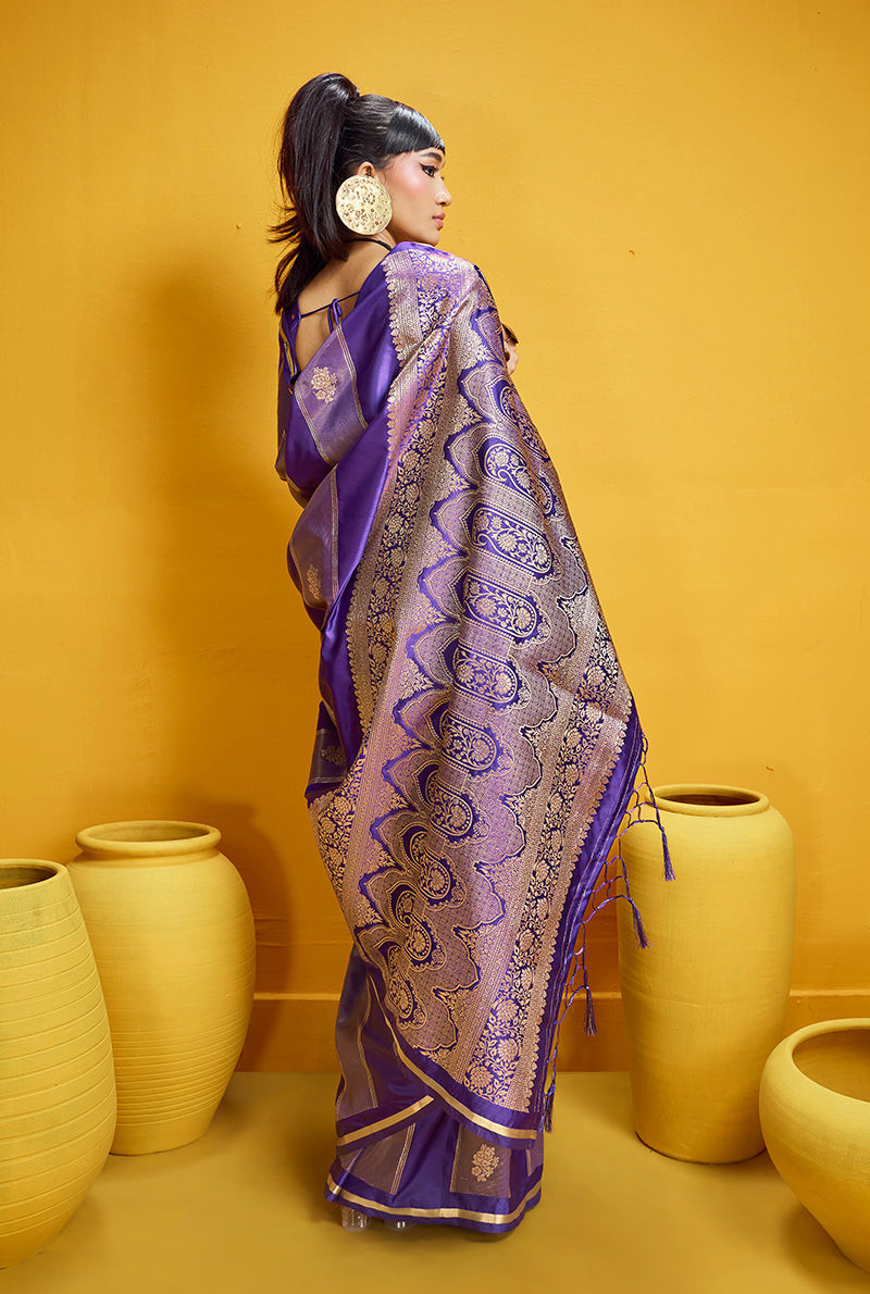 Monjolika Fashion Violet Color Satin Silk Handloom Weaving Saree - Dista