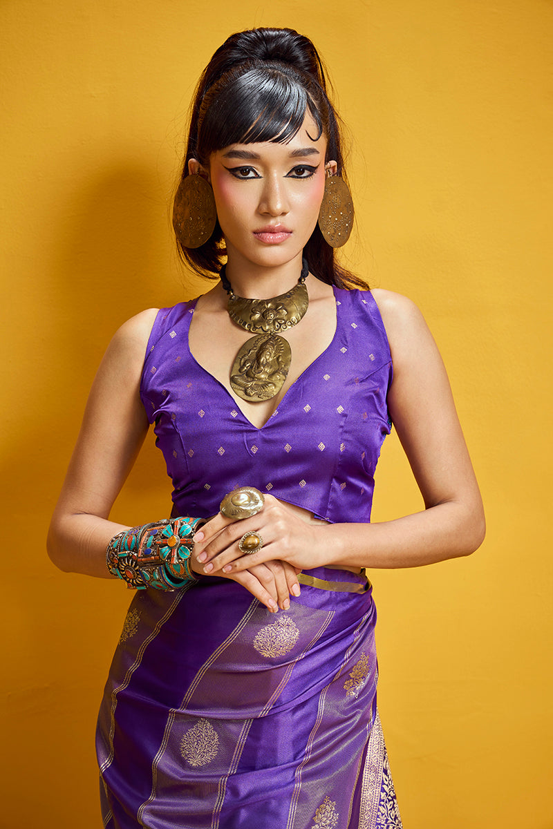 Monjolika Fashion Violet Color Satin Silk Handloom Weaving Saree - Dista