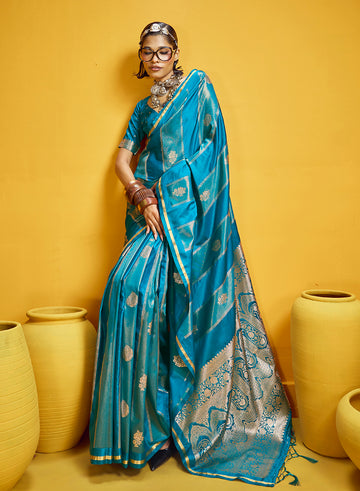 Monjolika Fashion Aqua Blue Color Satin Silk Handloom Weaving Saree - Dista