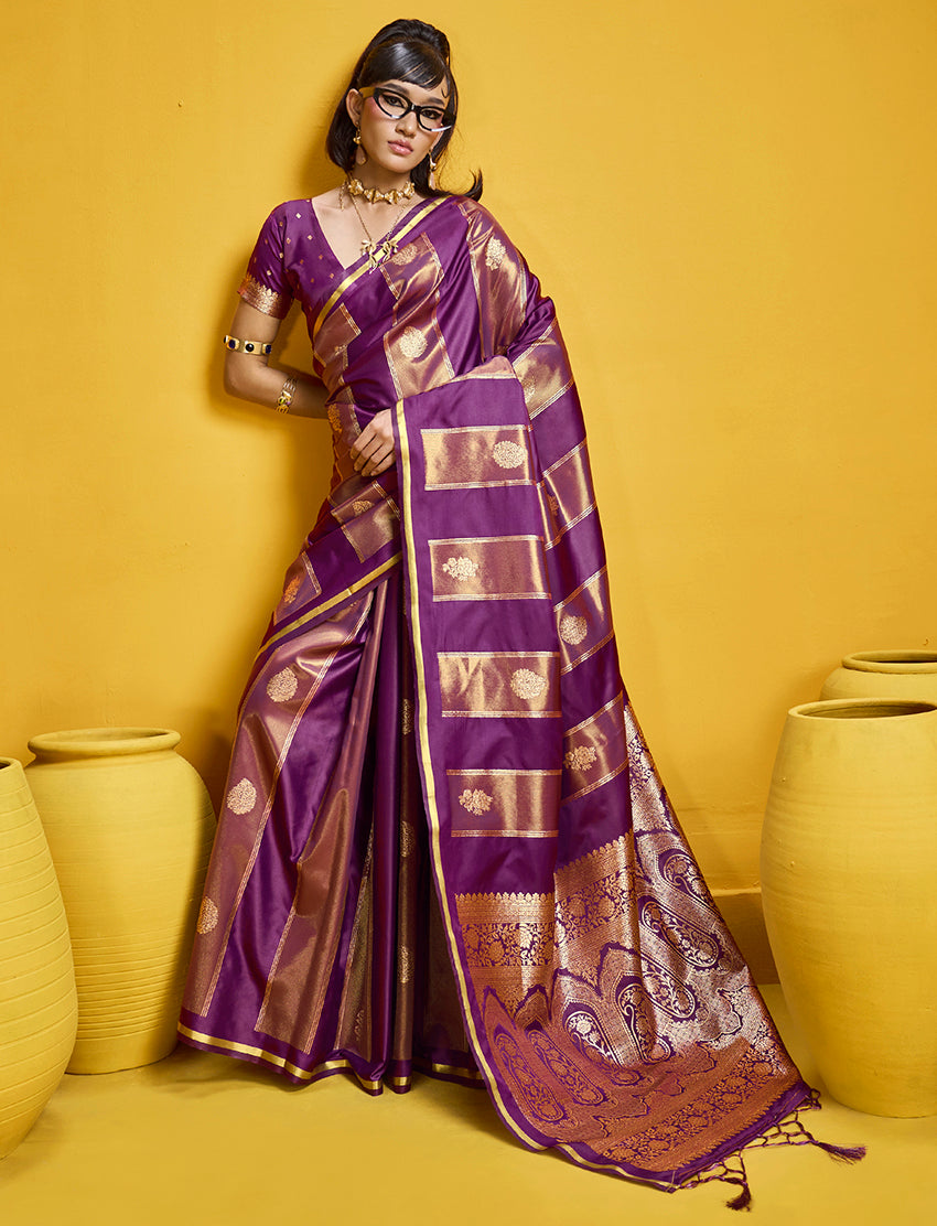 Monjolika Fashion Purple Color Satin Silk Handloom Weaving Saree - Dista