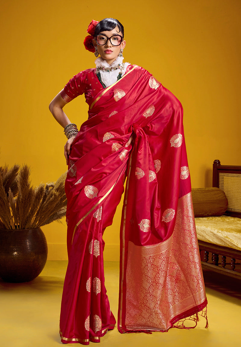 Monjolika Fashion Satin Silk Handloom Weaving Saree In Red - Dista