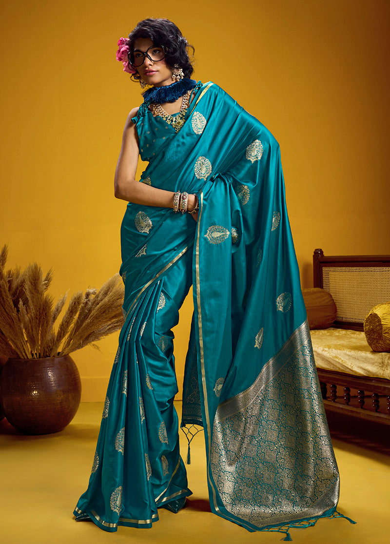 Monjolika Fashion Satin Silk Handloom Weaving Saree In Aqua Blue - Dista