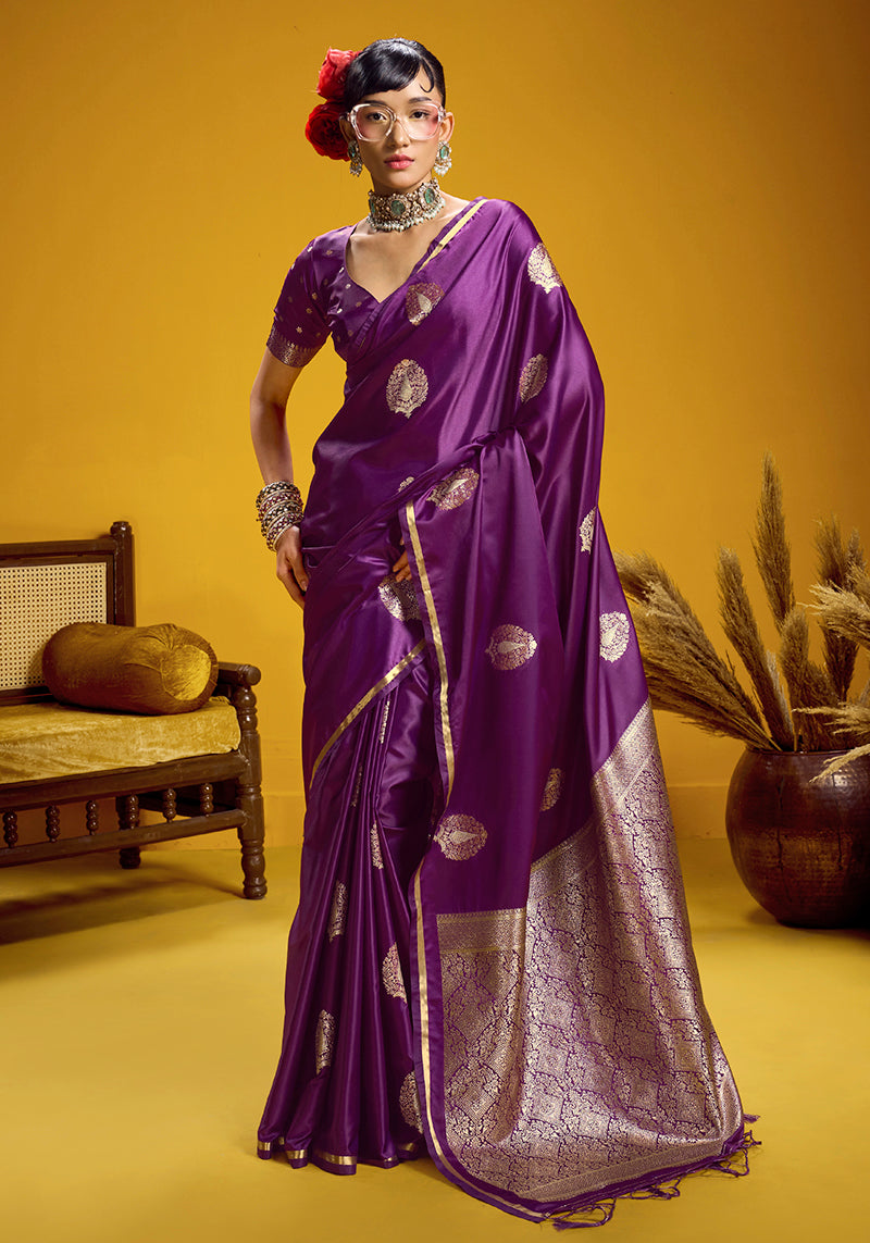 Monjolika Fashion Satin Silk Handloom Weaving Saree In Purple - Dista