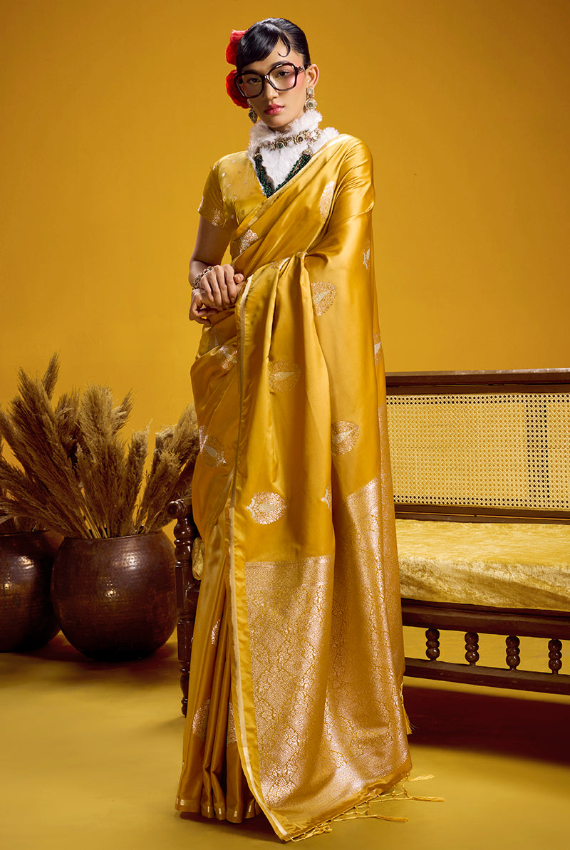 Monjolika Fashion Satin Silk Handloom Weaving Saree In Mustard Yellow - Dista