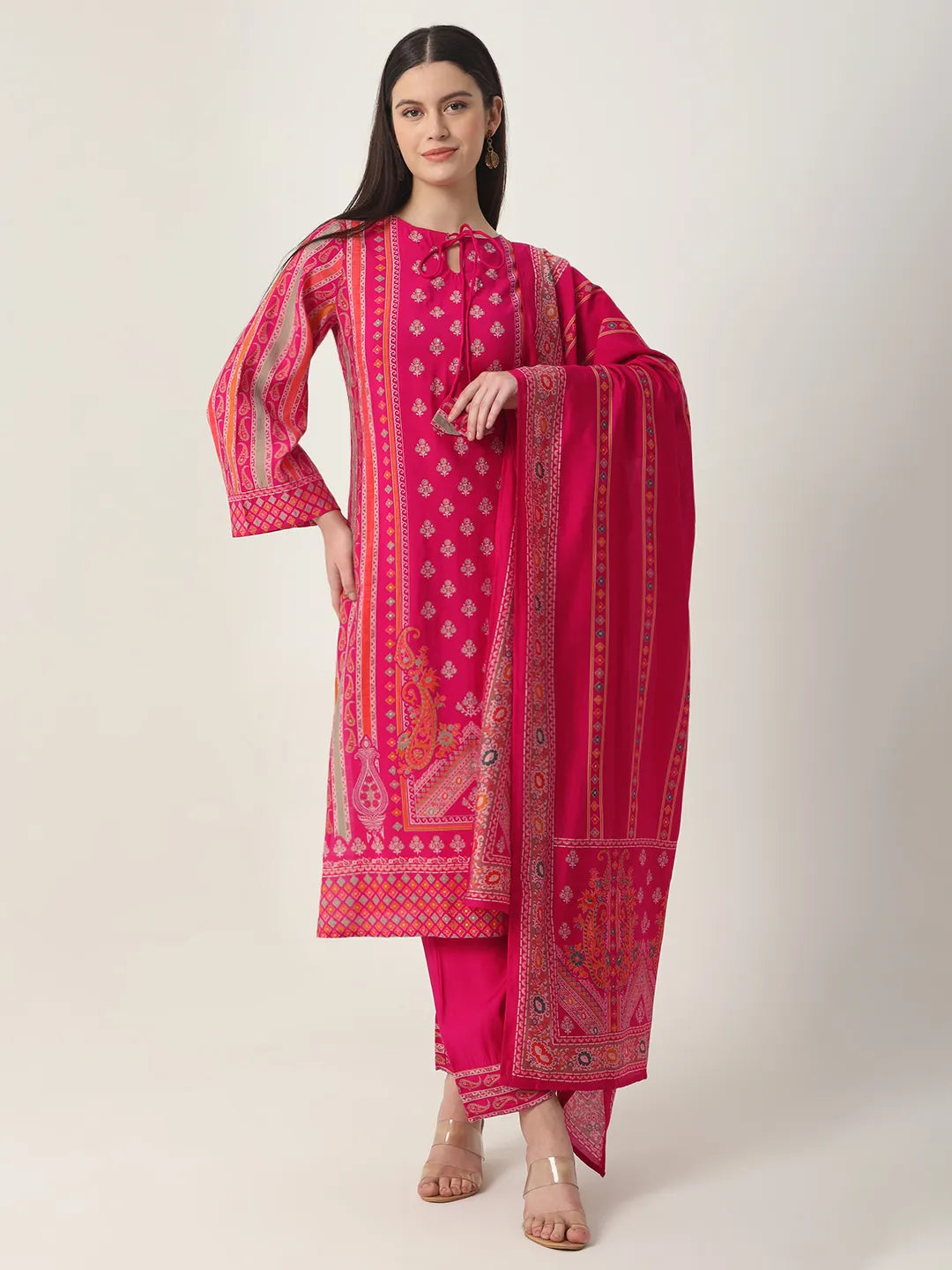 Yufta Pink Silk Tie Up Kurta Set With Pant & Dupatta - Distacart