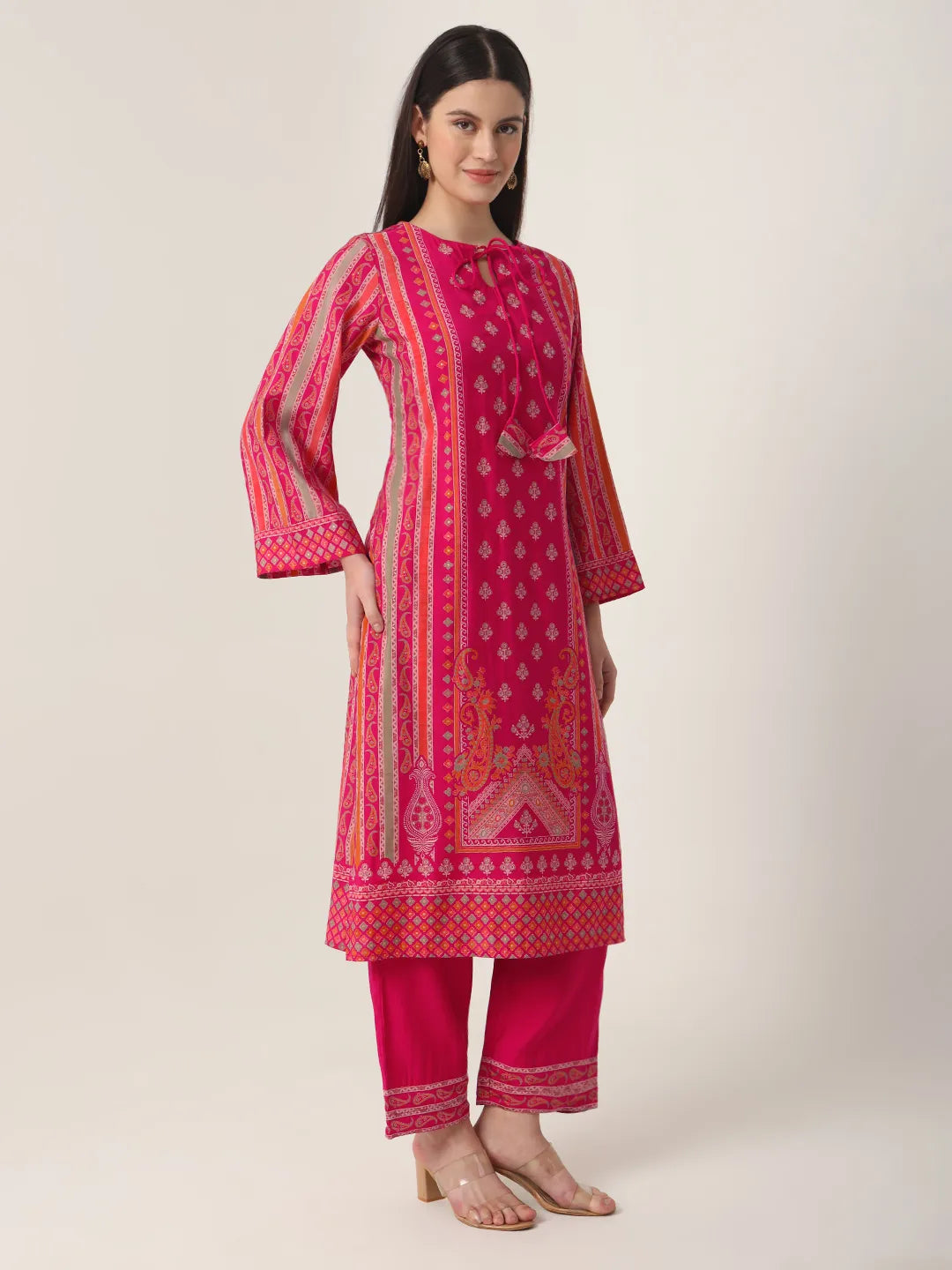 Yufta Pink Silk Tie Up Kurta Set With Pant & Dupatta - Distacart