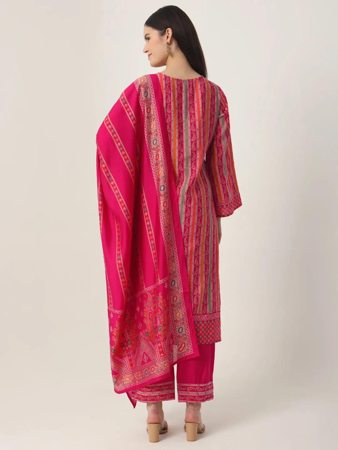 Yufta Pink Silk Tie Up Kurta Set With Pant & Dupatta