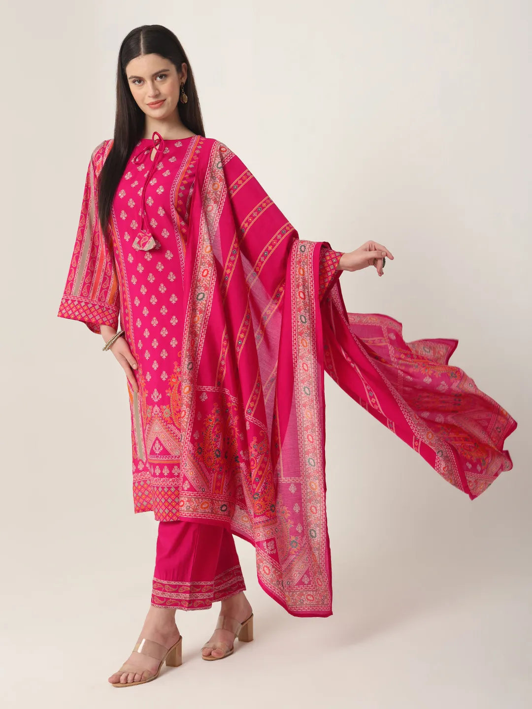 Yufta Pink Silk Tie Up Kurta Set With Pant & Dupatta