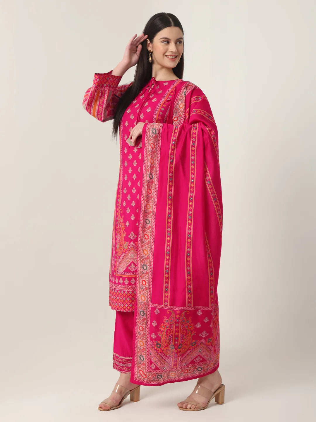 Yufta Pink Silk Tie Up Kurta Set With Pant & Dupatta