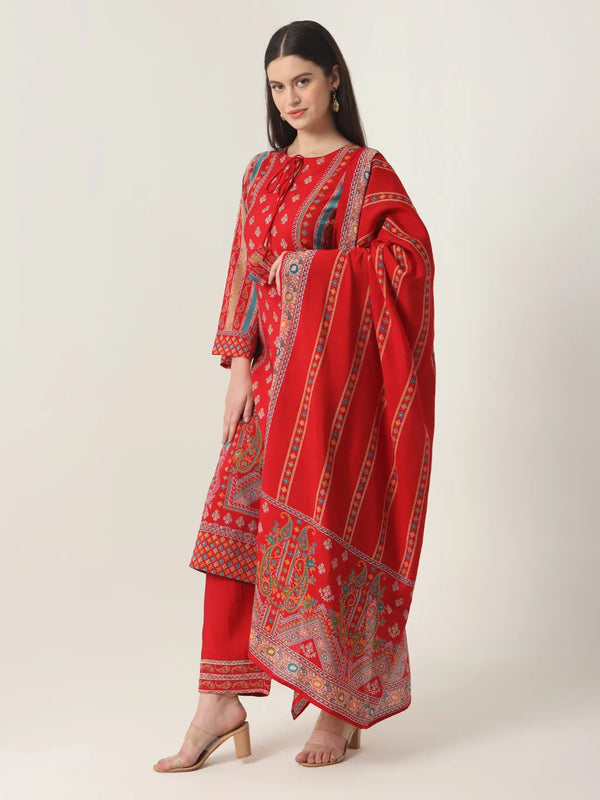 Yufta Red Silk Tie Up Kurta Set With Pant & Dupatta