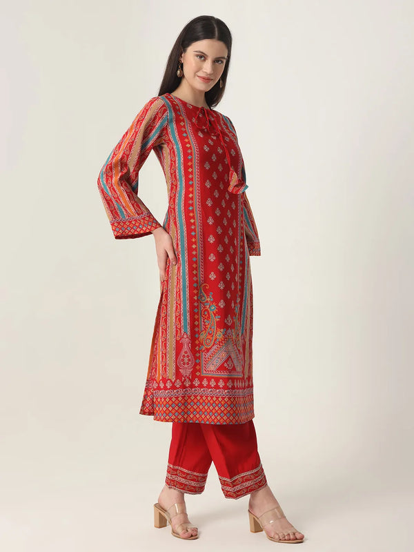 Yufta Red Silk Tie Up Kurta Set With Pant & Dupatta