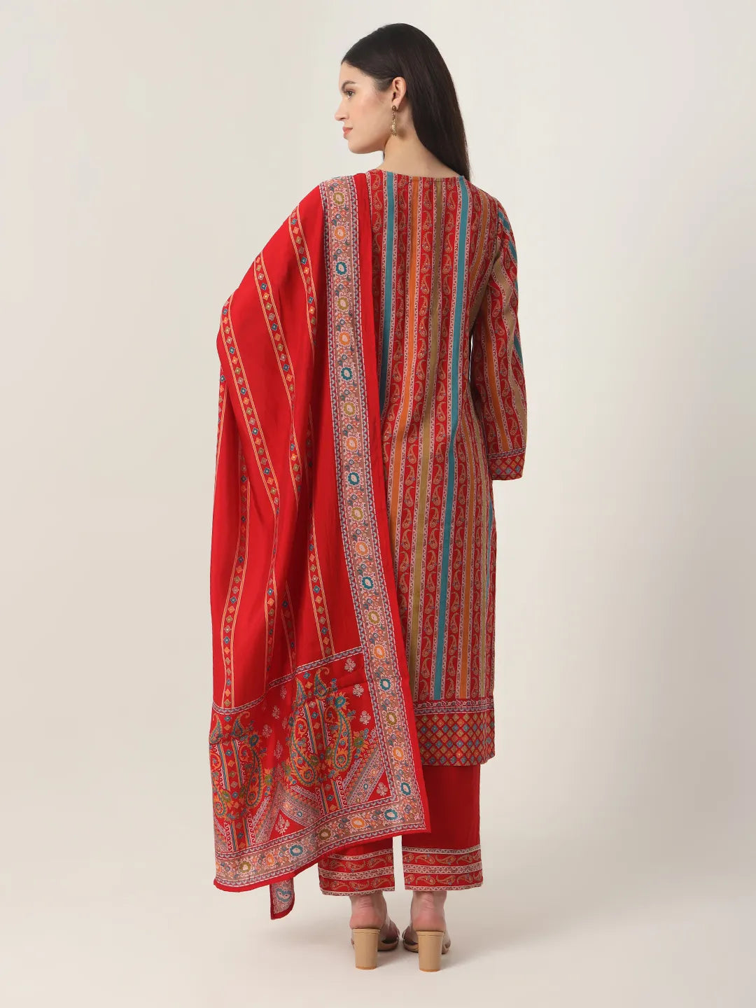 Yufta Red Silk Tie Up Kurta Set With Pant & Dupatta