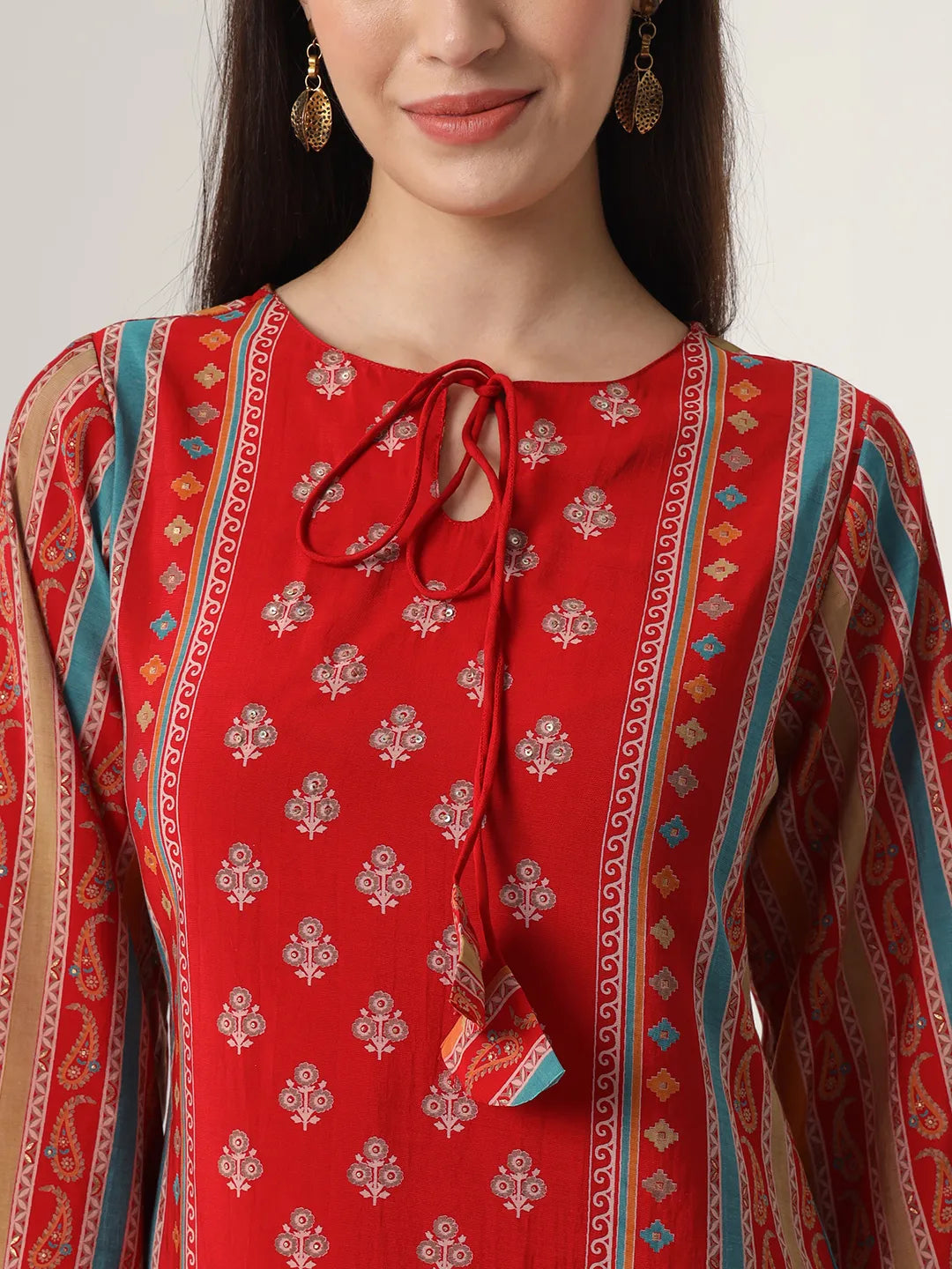 Yufta Red Silk Tie Up Kurta Set With Pant & Dupatta
