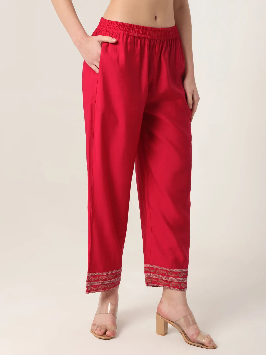 Yufta Red Silk Tie Up Kurta Set With Pant & Dupatta