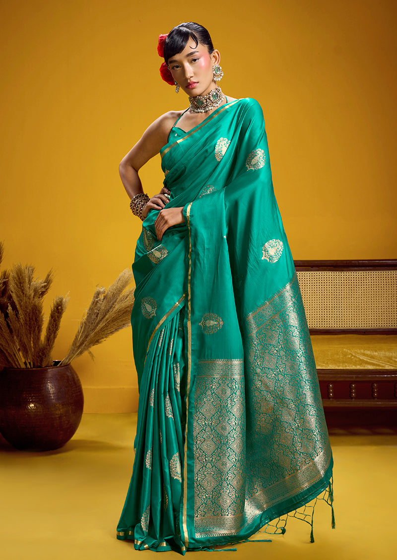 Monjolika Fashion Satin Silk Handloom Weaving Saree In Sea Green - Dista