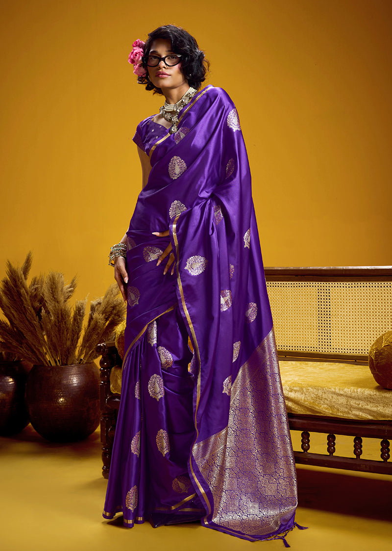 Monjolika Fashion Satin Silk Handloom Weaving Saree In Violet - Dista