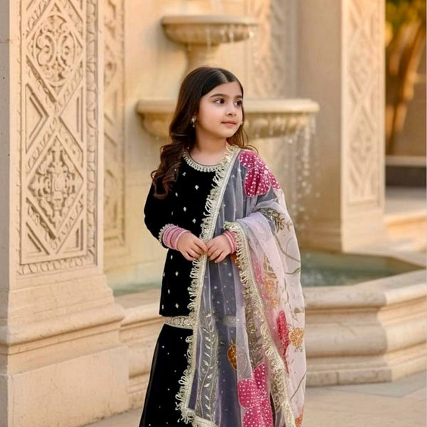Evanik Black Designer Viscose Velvet Embroidered Work Kids Kurta Sharara Set - Distacart
