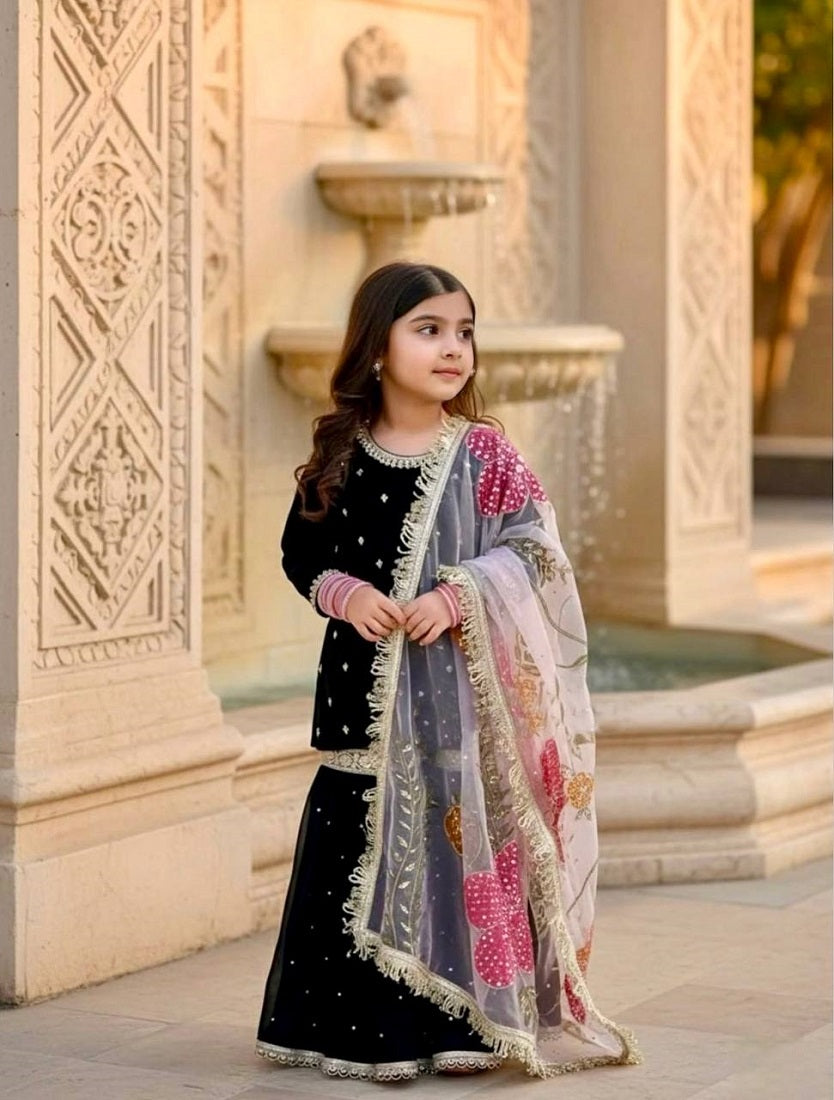Evanik Black Designer Viscose Velvet Embroidered Work Kids Kurta Sharara Set - Distacart