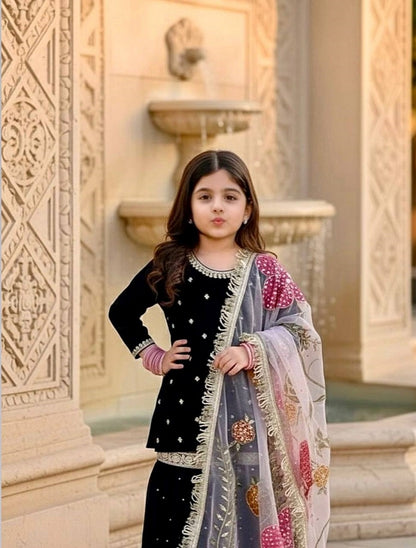 Evanik Black Designer Viscose Velvet Embroidered Work Kids Kurta Sharara Set - Distacart