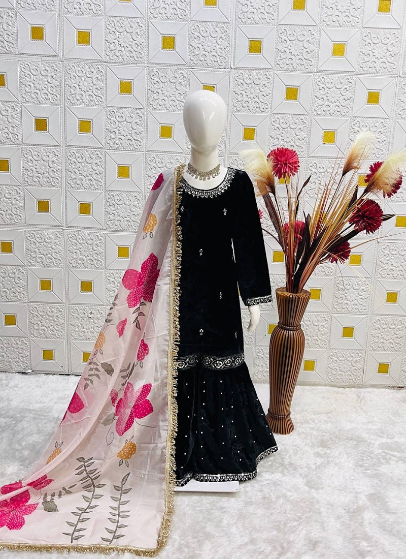 Evanik Black Designer Viscose Velvet Embroidered Work Kids Kurta Sharara Set - Distacart