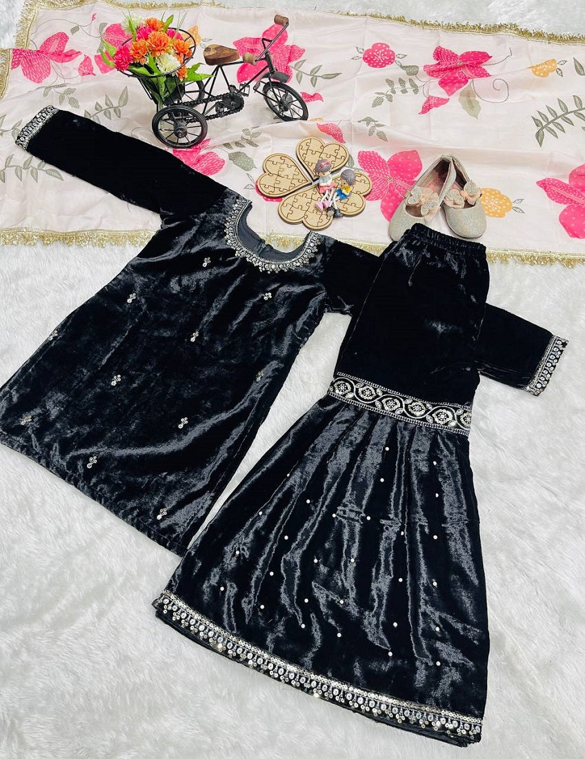 Evanik Black Designer Viscose Velvet Embroidered Work Kids Kurta Sharara Set - Distacart