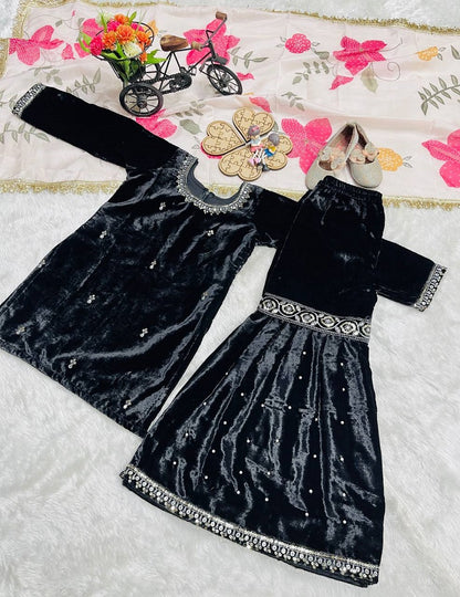 Evanik Black Designer Viscose Velvet Embroidered Work Kids Kurta Sharara Set - Distacart