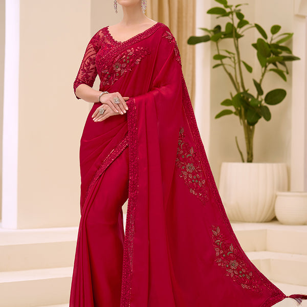 Monjolika Fashion Crimson Red faux Chiffon Satin Saree with Patch Border and Embroidered Work - Dista