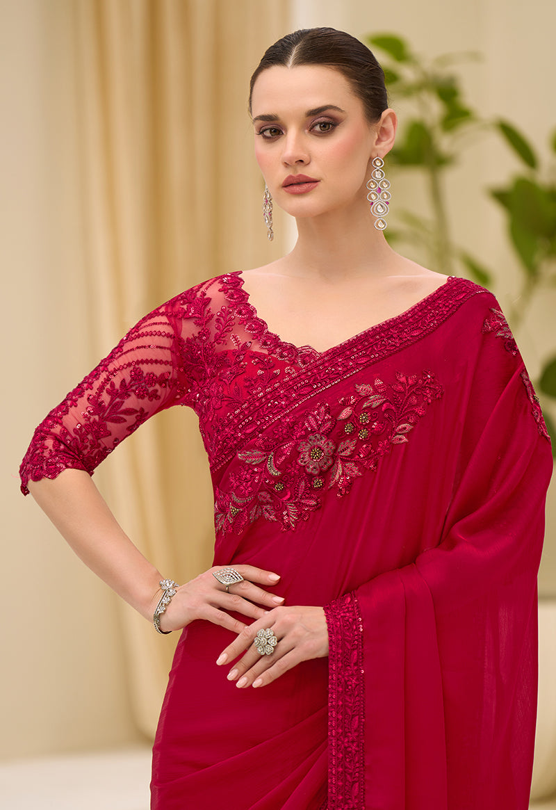 Monjolika Fashion Crimson Red faux Chiffon Satin Saree with Patch Border and Embroidered Work - Dista