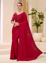 Thumbnail for Monjolika Fashion Crimson Red faux Chiffon Satin Saree with Patch Border and Embroidered Work - Dista