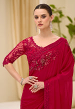 Thumbnail for Monjolika Fashion Crimson Red faux Chiffon Satin Saree with Patch Border and Embroidered Work - Dista