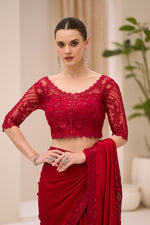 Thumbnail for Monjolika Fashion Crimson Red faux Chiffon Satin Saree with Patch Border and Embroidered Work - Dista