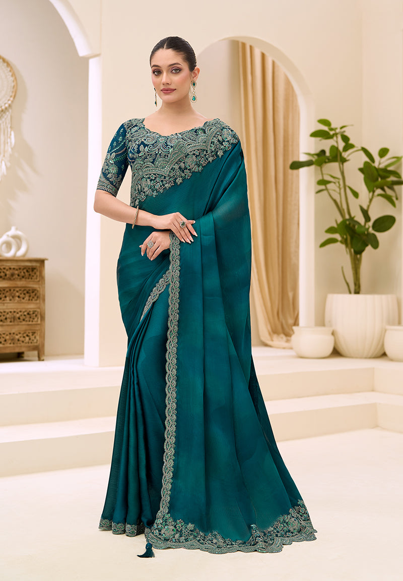 Monjolika Fashion Teal Faux Chiffon Satin Patch Border and Embroidered Work Saree - Dista