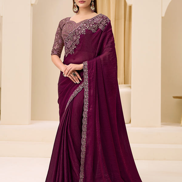 Monjolika Fashion Wine Faux Satin Silk Patch Border and Embroidered Work Saree - Dista