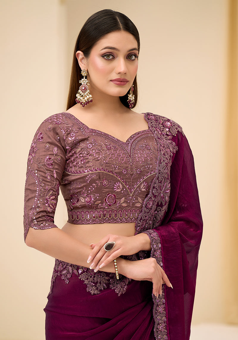 Monjolika Fashion Wine Faux Satin Silk Patch Border and Embroidered Work Saree - Dista