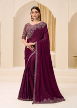 Thumbnail for Monjolika Fashion Wine Faux Satin Silk Patch Border and Embroidered Work Saree - Dista